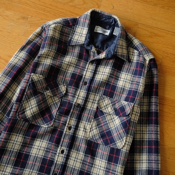 Vintage Sears Roebuck Plaid Wool Flannel Shirt Jacket Blue Tan Mens Medium - Picture 3 of 9
